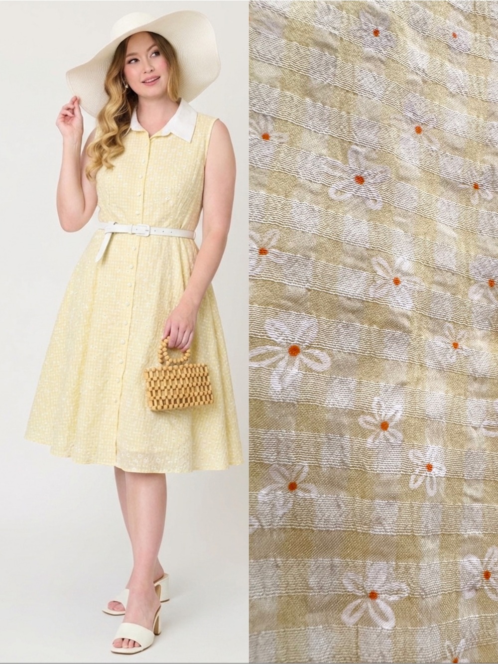 Unique Vintage Butter Yellow Embroidered Daisy Midi Dress 2X Retro 1950s Gingham